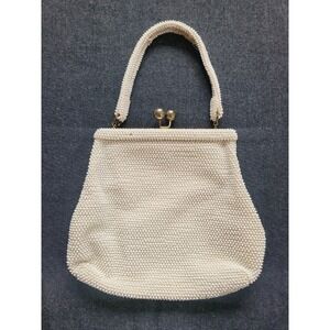 Vintage 50s 60s Corde Lumured Bead White‎ Ivory Kisslock Handbag Purse